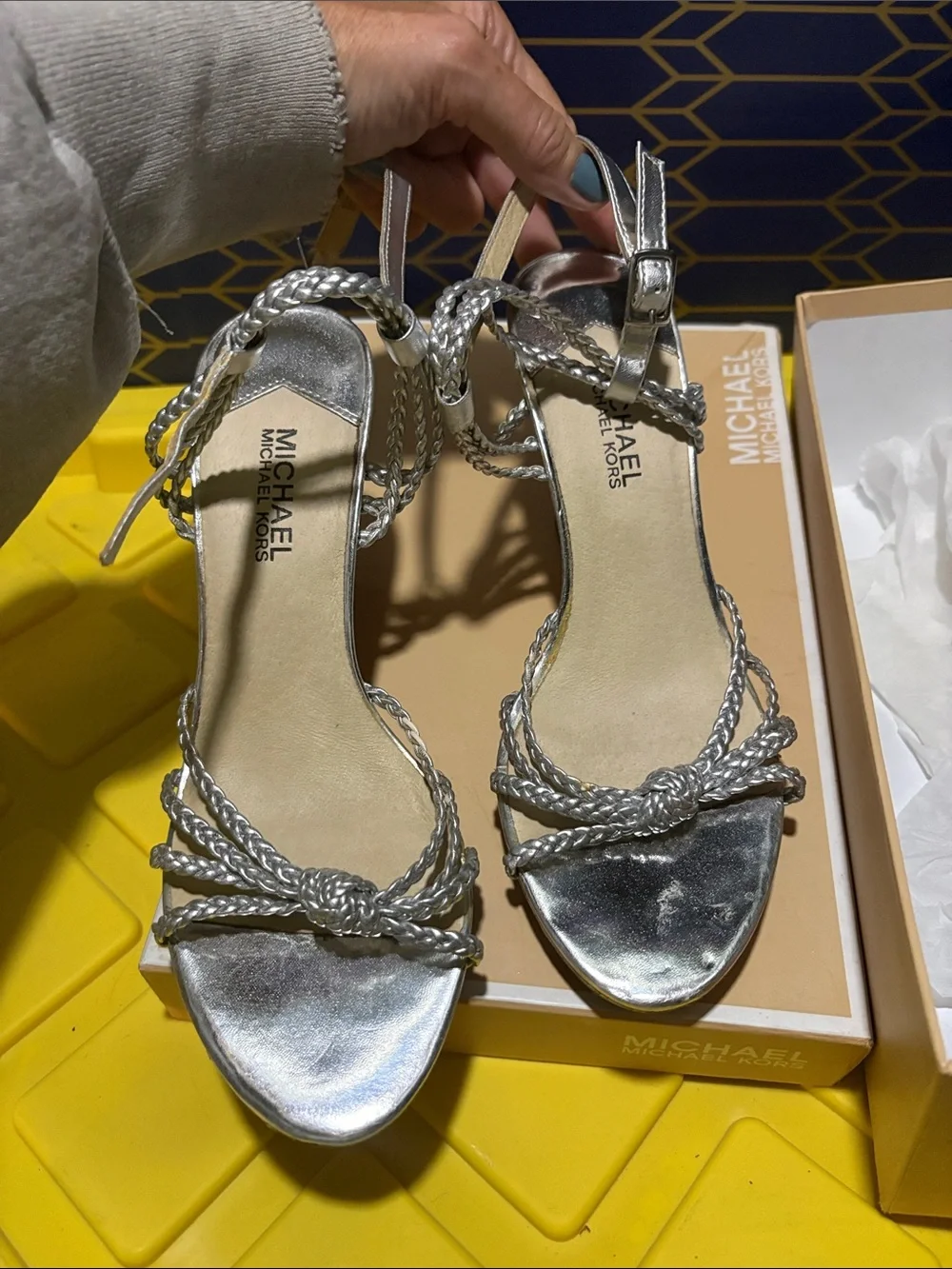 MICHAEL Michael Kors Silver Braided Strap Cork Wedge Sandals